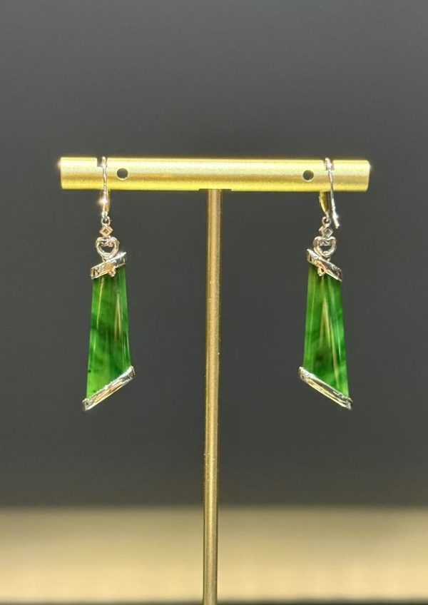 Highly translucent old pit green jade earrings in fancy cut with diamond accents, 18K white gold