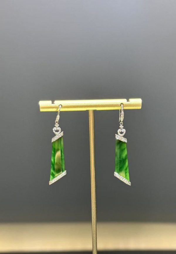 Highly translucent old pit green jade earrings in fancy cut with diamond accents, 18K white gold