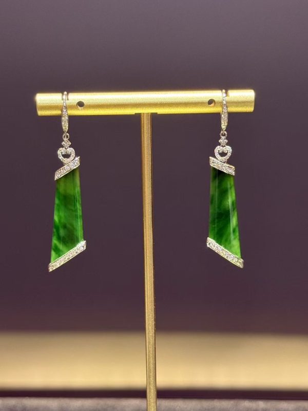 Highly translucent old pit green jade earrings in fancy cut with diamond accents, 18K white gold