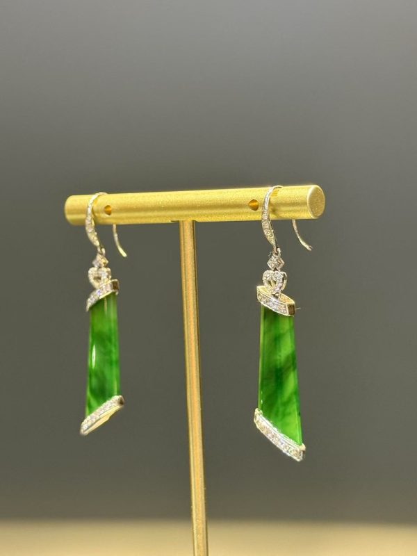 Highly translucent old pit green jade earrings in fancy cut with diamond accents, 18K white gold