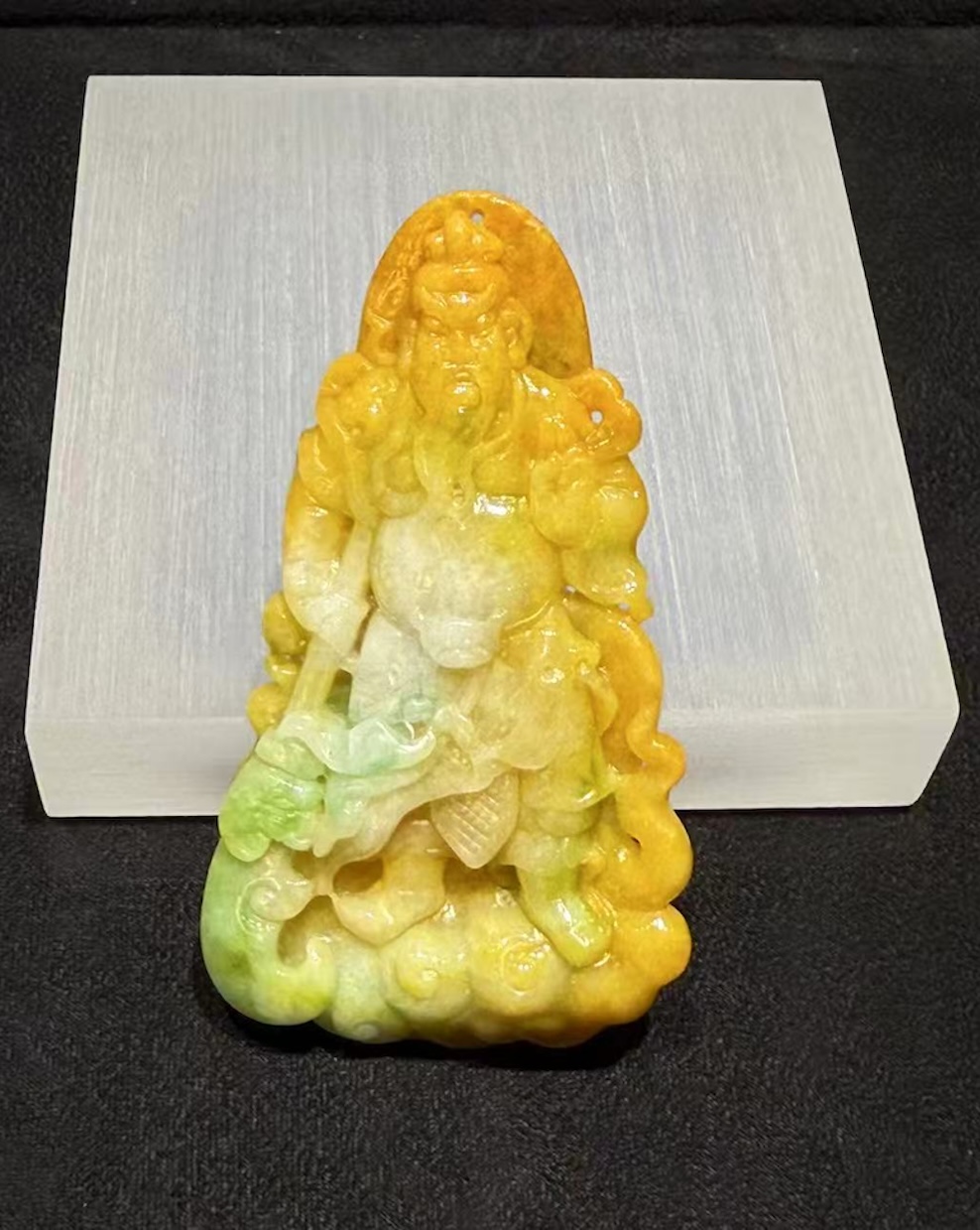 Translucent vibrant yellow with faint green Guan Gong jadeite pendant