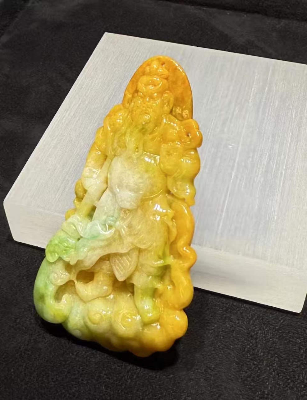 Translucent vibrant yellow with faint green Guan Gong jadeite pendant