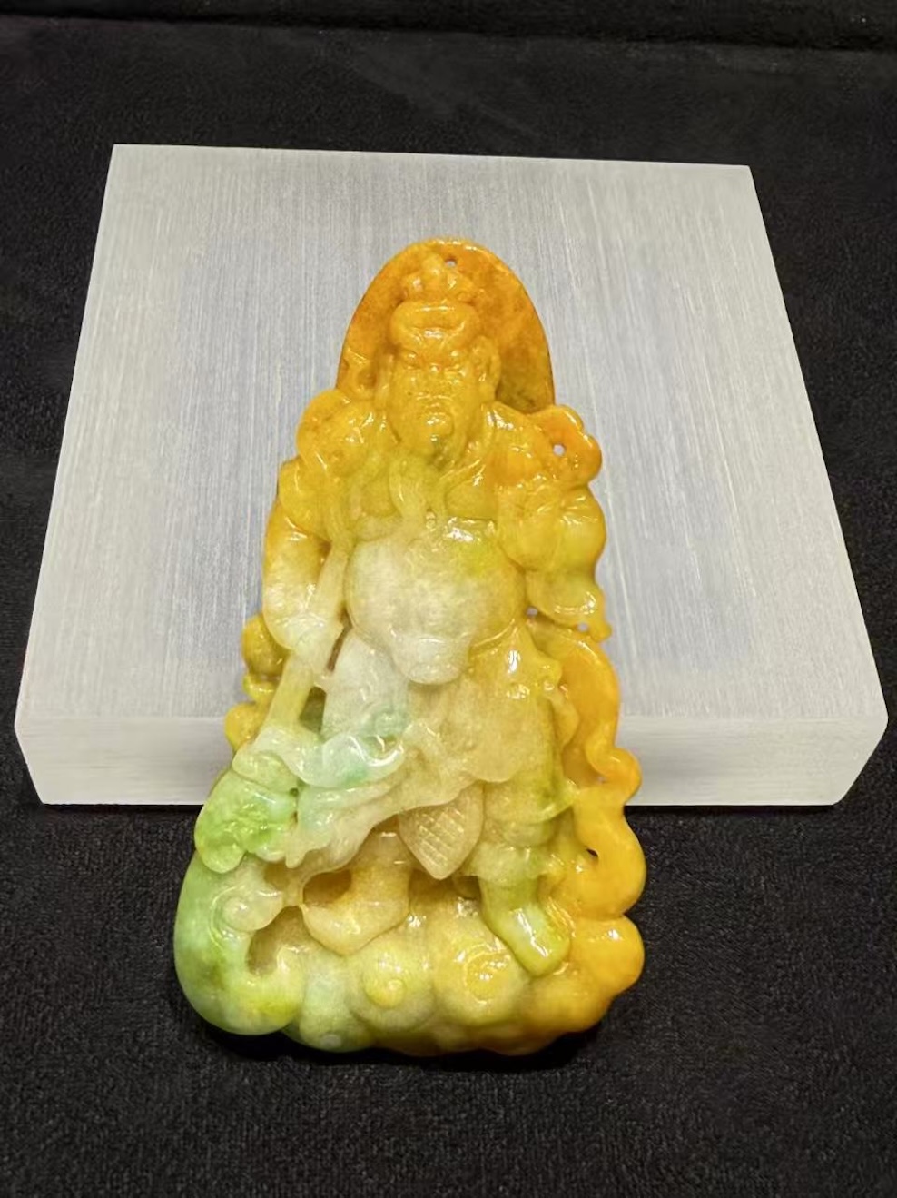 Translucent vibrant yellow with faint green Guan Gong jadeite pendant