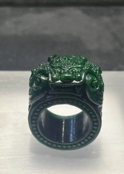 dark green jade thumb ring with dragon head carving – natural Type A jadeite archer ring