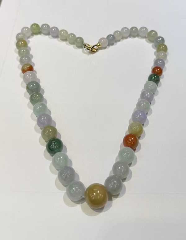 Translucent multi-colour jade bead necklace made of Type A natural jadeite in lavender, green, yellow, and russet hues — Nanyang Jade Singapore