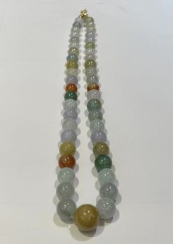 Translucent multi-colour jade bead necklace made of Type A natural jadeite in lavender, green, yellow, and russet hues — Nanyang Jade Singapore