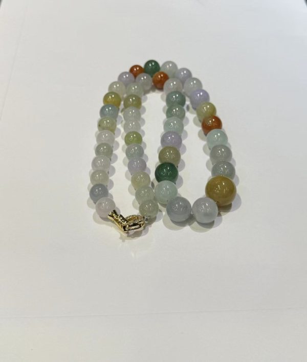 Translucent multi-colour jade bead necklace made of Type A natural jadeite in lavender, green, yellow, and russet hues — Nanyang Jade Singapore