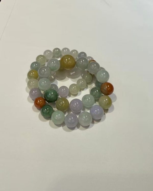 Translucent multi-colour jade bead necklace made of Type A natural jadeite in lavender, green, yellow, and russet hues — Nanyang Jade Singapore