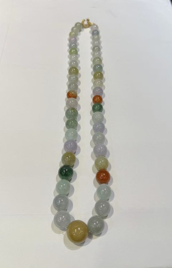 Translucent multi-colour jade bead necklace made of Type A natural jadeite in lavender, green, yellow, and russet hues — Nanyang Jade Singapore