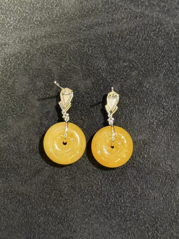 Vibrant Yellow safety knot with Green Jadeite Earrings in 18K white gold with diamonds – natural Type A jadeite