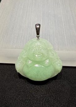 translucent apple green jadeite laughing Buddha pendant 18k white gold clasp