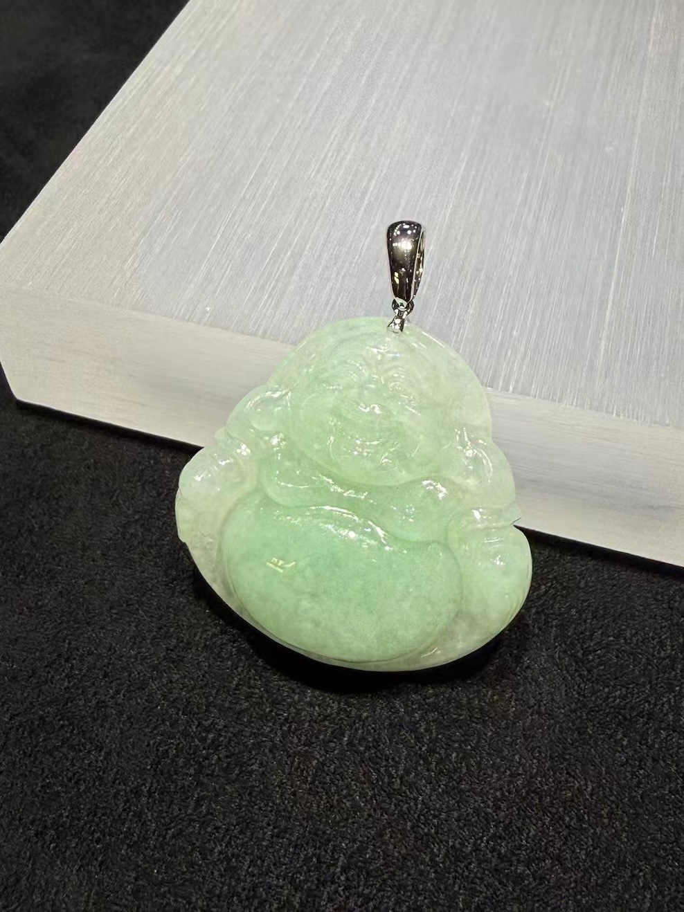 translucent apple green jadeite laughing Buddha pendant 18k white gold clasp