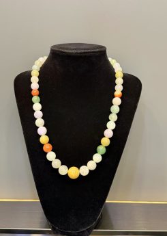 Translucent multi-colour jade bead necklace made of Type A natural jadeite in lavender, green, yellow, and russet hues — Nanyang Jade Singapore