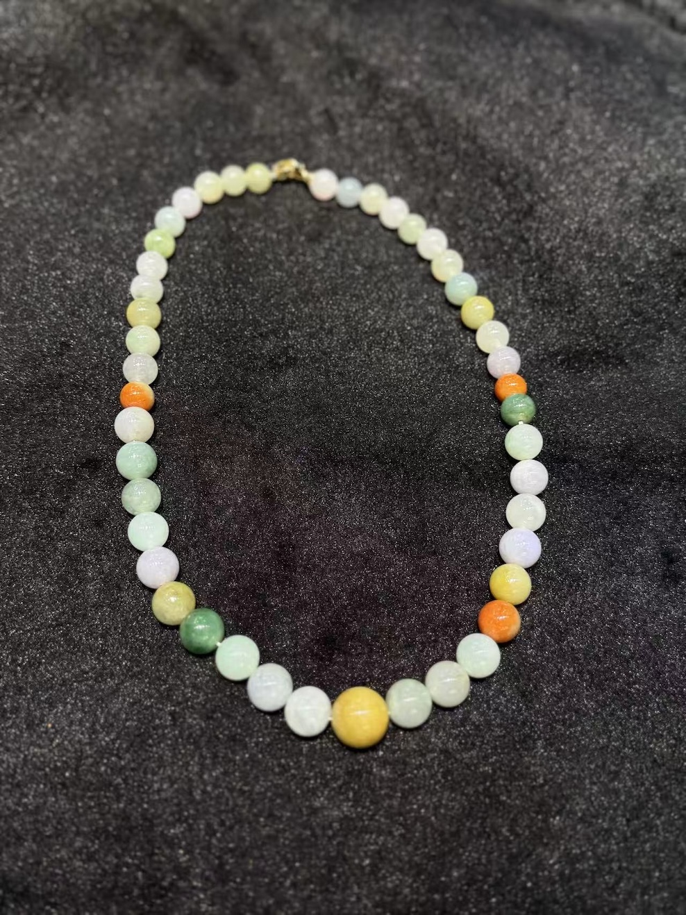 Translucent multi-colour jade bead necklace made of Type A natural jadeite in lavender, green, yellow, and russet hues — Nanyang Jade Singapore