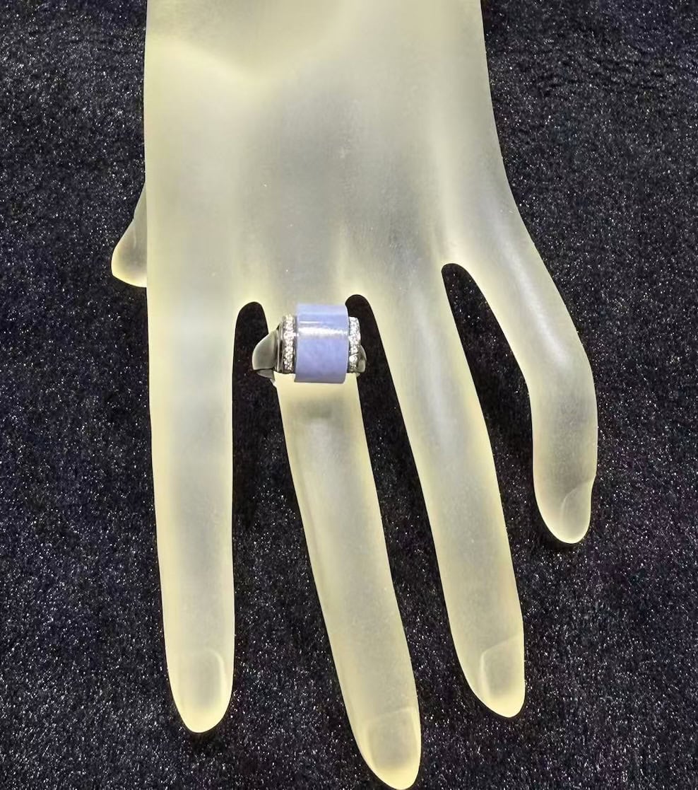 Translucent bluish lavender jadeite wealth ring with 18K gold rhodium setting and diamond accents
