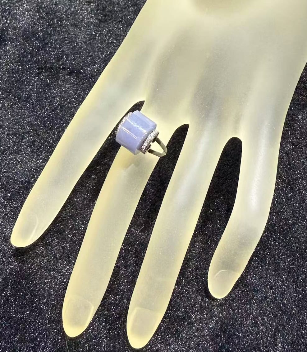 Translucent bluish lavender jadeite wealth ring with 18K gold rhodium setting and diamond accents